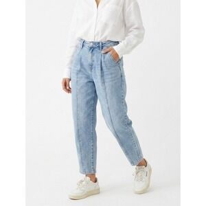 Frayed Jeans Pleated Baggy Jeans Women 24 Blue High Rise Tapered Mom Denim